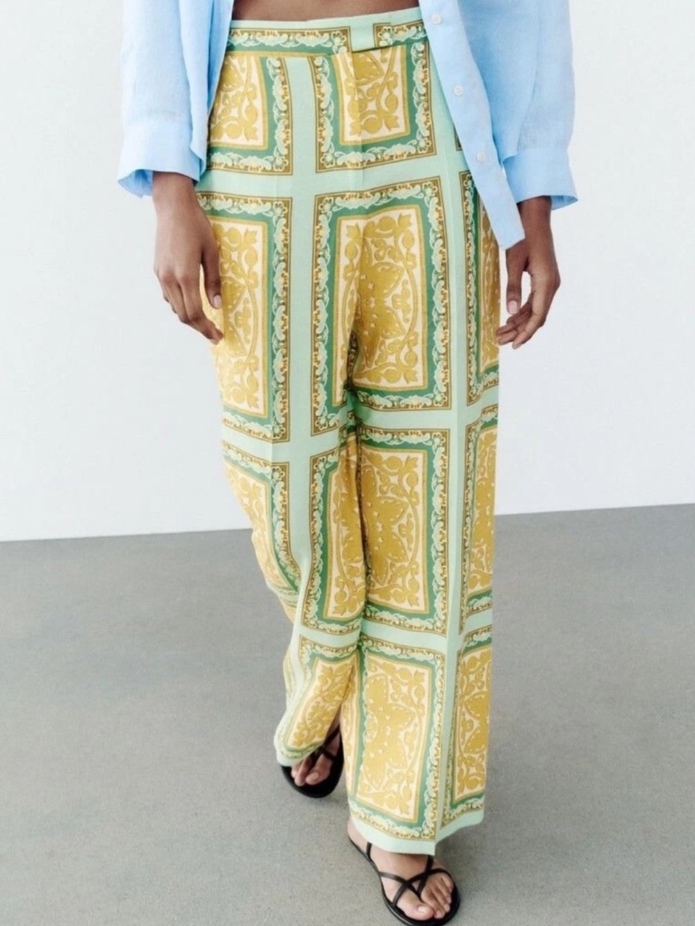 Zara Yellow & Green Baroque Medallion Print Linen Blend Wide Leg Trousers Small